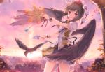  1girl 6u_(eternal_land) absurdres black_skirt black_wings brown_hair crown day feathered_wings floating_hair frilled_skirt frills highres holding holding_leaf huge_filesize leaf long_hair miniskirt outdoors outstretched_arms parted_lips red_eyes shameimaru_aya shirt short_hair short_sleeves skirt smile socks solo touhou white_legwear white_shirt wings wrist_cuffs 