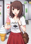  1girl :d bag bangs blush brown_eyes brown_hair clothes_writing collarbone commentary_request crescent crescent_necklace directional_arrow eyebrows_visible_through_hair food food_on_face handbag holding holding_food ice_cream ice_cream_cone ice_cream_on_face indoors jewelry long_hair looking_at_viewer nakamura_sumikage necklace open_mouth original pleated_skirt red_skirt shirt short_sleeves shoulder_bag sign skirt smile soft_serve solo tile_floor tiles translation_request white_shirt 