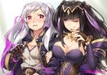  2girls alternate_costume arm_hug aura black_hair blush breasts bridal_gauntlets cleavage coat dress drooling female_my_unit_(fire_emblem:_kakusei) fire_emblem fire_emblem:_kakusei gebyy-terar gimurei gloves glowing glowing_eyes licking_lips looking_at_another multiple_girls my_unit_(fire_emblem:_kakusei) nail_polish one_eye_closed purple_dress saliva silver_hair simple_background sweat tharja tiara tongue tongue_out trembling twintails violet_eyes yuri 