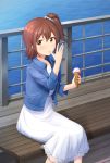  1girl artist_name bangs basa_rutan bench blush brown_hair buttons day denim denim_jacket dress feet_out_of_frame fence finger_licking food hair_ornament hair_scrunchie hairclip highres holding holding_food ice_cream_cone idolmaster idolmaster_million_live! kasuga_mirai licking long_sleeves looking_at_viewer ocean one_side_up outdoors scrunchie short_hair sitting solo white_dress wing_collar yellow_eyes 