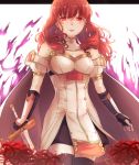  1girl bare_shoulders black_legwear blurry breasts celica_(fire_emblem) cowboy_shot dark_persona depth_of_field detached_collar dress earrings fingerless_gloves fire fire_emblem fire_emblem_echoes:_mou_hitori_no_eiyuuou fire_emblem_heroes flower gloves glowing glowing_eyes haru_(nakajou-28) jewelry long_hair looking_at_viewer medium_breasts pelvic_curtain purple_fire red_eyes redhead solo spider_lily sword thigh-highs weapon white_dress zettai_ryouiki 