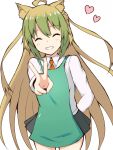  1girl absurdres ahoge animal_ears apron atalanta_(fate) black_skirt braid brown_hair cat_ears collared_shirt commentary_request cowboy_shot fate/grand_order fate_(series) gradient_hair green_apron green_hair hand_behind_head heart highres long_hair long_sleeves mitchi multicolored_hair necktie orange_neckwear outstretched_arm pleated_skirt shirt simple_background skirt solo v very_long_hair white_background white_shirt 