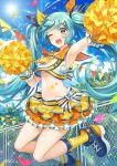  ;d ahoge aqua_eyes aqua_hair arm_up armpits blue_sky blush bow chain-link_fence cheerleader clouds day fence flat_chest hair_bow hatsune_miku heart jumping looking_at_viewer midair midriff navel official_art one_eye_closed open_mouth orange_skirt outdoors pom_poms school_uniform serafuku shoes skirt sky smile sneakers socks star string_of_flags sun taranbo tree twintails vocaloid yellow_legwear 