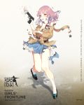  1girl artist_request blue_skirt breasts cleavage coat flag girls_frontline gun hair_ornament handgun high_heels highres mp443 mp443_(girls_frontline) official_art pouch purple_hair skirt torn_clothes torn_skirt weapon white_background white_flag 