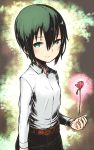  1girl bangs belt breasts brown_belt collared_shirt commentary_request dress_shirt flower flower_request green_eyes green_hair hair_between_eyes highres kino kino_no_tabi light_blush long_sleeves looking_at_viewer motorii petals shirt short_hair small_breasts smile solo tomboy upper_body white_shirt 