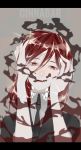  1other androgynous character_name gem_uniform_(houseki_no_kuni) hair_between_eyes hands_on_own_face highres houseki_no_kuni letterboxed long_bangs looking_at_viewer necktie red_eyes redhead shinsha_(houseki_no_kuni) short_hair solo sparkle upper_body 