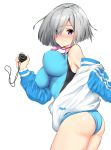  1girl blue_eyes blue_swimsuit breasts c@rbon competition_swimsuit eyes_visible_through_hair goggles goggles_around_neck hair_ornament hair_over_one_eye hamakaze_(kantai_collection) highres jacket kantai_collection large_breasts one-piece_swimsuit short_hair silver_hair solo stopwatch swimsuit swimsuit_under_clothes track_jacket watch 