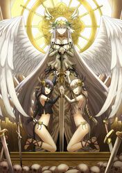  3girls absurdres black_hair blue_eyes choker feathered_wings green_eyes hair_ornament highres long_hair looking_at_viewer multiple_girls okina_(805197) original skull smile sword very_long_hair weapon white_hair wings yellow_eyes 