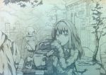  2girls bangs character_name clouds cloudy_sky coat commentary cup dated drinking drinking_straw erere graphite_(medium) greyscale idolmaster idolmaster_cinderella_girls long_hair long_sleeves looking_at_viewer monochrome multiple_girls shibuya_rin sky traditional_media tree 