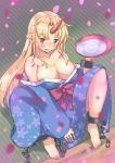  1girl arm_up bangs bare_shoulders barefoot between_legs blonde_hair blush breasts chains cherry_blossom_print cleavage collarbone commentary_request cuffs cup eyebrows_visible_through_hair fang floral_print hand_between_legs horn hoshiguma_yuugi japanese_clothes kimono knees_up large_breasts long_hair looking_at_viewer off_shoulder onomiya open_mouth parted_bangs petals pointy_ears sakazuki shackles sitting solo star star_print tatami touhou very_long_hair yellow_eyes 