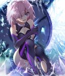  1girl baisi_shaonian between_legs black_gloves black_legwear black_leotard blood blood_on_face breasts cleavage elbow_gloves fate/grand_order fate_(series) gloves hand_between_legs highres leotard long_hair mash_kyrielight one_eye_closed open_mouth pink_hair pixiv_fate/grand_order_contest_2 shattered shield sitting small_breasts solo thigh-highs torn_clothes torn_thighhighs violet_eyes 