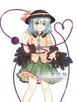  1girl binan_xian_lu black_hat chinese_commentary commentary_request eyebrows_visible_through_hair feet_out_of_frame floral_print frilled_shirt_collar frills green_eyes green_hair green_skirt hair_between_eyes hand_up hat hat_ribbon heart heart_of_string komeiji_koishi long_sleeves looking_at_viewer petticoat ribbon shirt short_hair simple_background skirt smile solo standing third_eye touhou white_background wide_sleeves yellow_ribbon yellow_shirt 