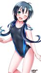  1girl ;d artist_name black_swimsuit blue_hair competition_swimsuit cowboy_shot dated flat_chest green_eyes highres kantai_collection long_hair looking_at_viewer low_twintails one-piece_swimsuit one_eye_closed open_mouth ribbon simple_background smile solo suzukaze_(kantai_collection) swimsuit tsuchimiya twintails white_background 