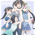  5girls alternate_costume black_hair blonde_hair blush casual closed_eyes collared_vest commentary dress emperor_penguin_(kemono_friends) everyone eyebrows_visible_through_hair frilled_skirt frills gentoo_penguin_(kemono_friends) group_hug hair_over_one_eye hair_tie hanging_on_arm headphones hug hug_from_behind humboldt_penguin_(kemono_friends) kemono_friends kurosawa_(kurosawakyo) long_hair multicolored_hair multiple_girls nose_blush pants penguin_tail penguins_performance_project_(kemono_friends) pink_hair plaid plaid_skirt pleated_skirt redhead rockhopper_penguin_(kemono_friends) royal_penguin_(kemono_friends) short_hair short_sleeves skirt tail tank_top thigh-highs twintails watch white_hair zettai_ryouiki 