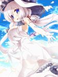  1girl 2018 :d ahoge azur_lane bangs bare_shoulders black_footwear blue_eyes blue_sky breasts clouds cross dated day dress dress_lift elbow_gloves eyebrows eyebrows_visible_through_hair floating_hair flower garter_straps gloves hair_flower hair_ornament hat high_heels illustrious_(azur_lane) large_breasts leg_up lifted_by_self light_particles long_hair low_twintails miuku_(marine_sapphire) mole mole_under_eye open_mouth outdoors petals sky smile solo sun_hat thigh-highs tongue twintails white_dress white_flower white_gloves white_hair white_hat white_legwear 