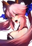  1girl ;d breasts fate/grand_order fate_(series) floating_hair food from_side hair_ornament highres long_hair medium_breasts one_eye_closed open_mouth pink_hair ponytail rahato sideboob simple_background smile solo tamamo_(fate)_(all) tamamo_no_mae_(fate) upper_body very_long_hair white_background yellow_eyes 