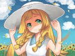  1girl alternate_color blonde_hair braid breasts closed_mouth commentary_request day drifloon drifloon_(cameo) flower gen_4_pokemon green_eyes hands_on_headwear hat head_tilt lillie_(pokemon) long_hair looking_at_viewer multiple_sources outdoors ozaki_sakuma pokemon pokemon_(game) pokemon_sm shiny_pokemon shirt sleeveless sleeveless_shirt small_breasts solo sunflower twin_braids upper_body white_hat white_shirt yellow 