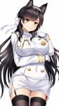  1girl animal_ears atago_(azur_lane) azur_lane black_hair black_legwear bow breasts closed_mouth extra_ears eyebrows_visible_through_hair garter_straps gloves highres jacket large_breasts long_hair long_sleeves looking_at_viewer military military_uniform miniskirt mole mole_under_eye pencil_skirt ribbon simple_background skirt solo thigh-highs uniform white_background white_bow white_gloves white_ribbon white_skirt y.ssanoha yellow_eyes 