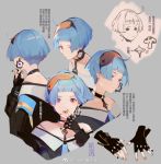  ahoge bangs blue_hair bob_cut choker earrings finger_to_mouth fingerless_gloves fingernails gloves goggles goggles_on_head jewelry nail_polish necktie nineo off-shoulder_shirt pink_eyes shirt short_hair tagme translation_request zas_m21_(girls_frontline) 