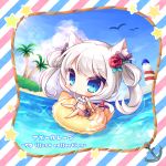  1girl :&lt; anchor animal_ears azur_lane bangs bare_legs barefoot bell big_head bikini bird black_bow blue_eyes blue_sky blush bow cat_ears cat_girl cat_tail chibi closed_mouth clouds day diagonal-striped_background diagonal_stripes eyebrows_visible_through_hair flower hair_between_eyes hair_bow hair_flower hair_ornament hair_rings hammann_(azur_lane) hand_up highres island jingle_bell lighthouse long_hair looking_at_viewer ocean outdoors palm_tree red_bow red_flower red_rose rose ryuuka_sane silver_hair sky solo star striped striped_background sunlight swimsuit tail tail_bell tail_bow tree twintails water white_bikini 