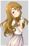  1girl artist_name bangs basa_rutan blush brown_eyes brown_hair cup disposable_cup drinking_straw from_side grey_background holding holding_cup idolmaster idolmaster_million_live! long_hair looking_at_viewer looking_to_the_side miyao_miya outside_border plaid plaid_skirt shirt short_sleeves simple_background skirt smile solo standing 