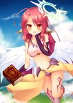  1girl absurdres angel_wings artist_request blush book breasts commentary_request crop_top feathered_wings gloves halo highres holding holding_book jibril_(no_game_no_life) long_hair looking_at_viewer low_wings magic_circle medium_breasts midriff mismatched_legwear navel no_game_no_life open_mouth pink_hair smile solo stomach tattoo very_long_hair white_wings wing_ears wings yellow_eyes 