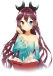  1girl absurdres blue_eyes book breasts brown_hair cleavage collarbone detached_sleeves floating_hair hair_ornament heterochromia highres holding ihachisu long_hair open_book original parted_lips red_eyes simple_background small_breasts solo strapless upper_body very_long_hair white_background 