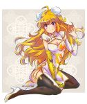  1girl blonde_hair breasts china_dress chinese_clothes commentary double_bun dress high_heels iesupa large_breasts long_hair prosthesis prosthetic_arm rwby solo thigh-highs violet_eyes wavy_hair yang_xiao_long 