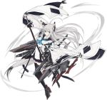  1girl azur_lane bangs black_gloves black_legwear black_sailor_collar black_skirt blue_eyes blue_neckwear breasts crossed_bangs detached_sleeves eyebrows eyebrows_visible_through_hair feathered_wings feathers full_body gloves head_wings high_heels highres holding holding_sword holding_weapon katana kawakaze_(azur_lane) long_hair machinery miniskirt nagishiro_mito neckerchief official_art pleated_skirt ribbon-trimmed_clothes ribbon-trimmed_sleeves ribbon_trim sailor_collar shirt silver_hair simple_background skirt small_breasts solo straight_hair sword tachi-e thigh-highs transparent_background turret weapon white_shirt wings zettai_ryouiki 
