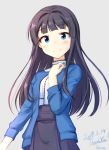  1girl artist_name bangs basa_rutan black_hair blue_eyes blue_jacket blush dated eyebrows_visible_through_hair grey_background hand_on_own_chest idolmaster idolmaster_million_live! jacket long_hair long_sleeves looking_at_viewer mogami_shizuka simple_background skirt smile solo thank_you upper_body 