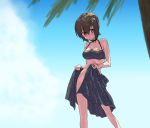  1girl adjusting_clothes adjusting_swimsuit bangs bikini black_bikini black_choker black_sarong blue_sky blurry_foreground blush breasts choker closed_mouth clouds cloudy_sky commentary day eyebrows_visible_through_hair girls_und_panzer head_tilt light_frown looking_at_viewer medium_breasts monolith_(suibou_souko) nishizumi_maho outdoors palm_tree short_hair sky solo standing swimsuit tree 