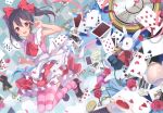  1girl 6u_(eternal_land) :d absurdres apron argyle argyle_background black_hair bow card clock earrings floating_hair flower frilled_bow frills full_body hair_between_eyes hair_bow highres huge_filesize jewelry jumping layered_skirt long_hair love_live! nico_nico_nii open_mouth petals pink_legwear pink_ribbon rabbit red_bow red_eyes red_flower red_neckwear red_skirt ribbon skirt sleeveless smile solo striped striped_legwear twintails white_apron yazawa_nico 