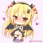  1girl aotsu_karin arihara_nanami asymmetrical_legwear babydoll bangs bare_arms bare_shoulders black_babydoll black_bow black_hairband black_legwear black_wings blonde_hair blush bow chibi demon_girl demon_tail demon_wings eyebrows_visible_through_hair fake_horns hair_between_eyes hair_ornament hair_ribbon hairband hands_up heart heart-shaped_pupils heart_hands heart_tail long_hair looking_at_viewer navel nose_blush pink_background red_eyes red_ribbon ribbon riddle_joker simple_background single_thighhigh solo standing succubus symbol-shaped_pupils tail thigh-highs twitter_username two_side_up underwear underwear_only very_long_hair wings 