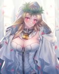  1girl belt blonde_hair blush bodysuit breasts bridal_veil chains character_request cleavage cosplay dress fate/extra fate/grand_order fate_(series) gloves highres large_breasts lock looking_at_viewer moe_(hamhamham) nero_claudius_(bride)_(fate) nero_claudius_(bride)_(fate)_(cosplay) nero_claudius_(fate)_(all) padlock red_eyes smile solo veil zipper 