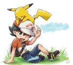  1boy animal animal_on_head arm_support backpack bag baseball_cap black_eyes black_hair capri_pants gen_1_pokemon hat looking_at_another male_focus male_protagonist_(pokemon_lgpe) miyako_ameko on_head open_mouth pants pikachu pokemon pokemon_(creature) pokemon_(game) pokemon_lgpe shoes short_sleeves smile sneakers 