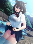  1girl :d animal_ears azur_lane black_hair blush breasts bridge fusou_(azur_lane) groin highres large_breasts long_hair mountain oekakizuki one-piece_swimsuit open_mouth outdoors school_uniform skindentation skirt skirt_lift smile solo stream swimsuit swimsuit_under_clothes teeth thigh-highs white_legwear 