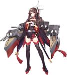  1girl azur_lane bangs belt belt_buckle black_dress black_legwear brown_hair buckle collarbone criin dress eyebrows eyebrows_visible_through_hair full_body gloves haruna_(azur_lane) katana legs_apart long_hair long_sleeves loose_belt machinery magatama official_art oni_horns red_eyes sheath sheathed short_dress simple_background solo standing swept_bangs sword tachi-e tassel thigh-highs transparent_background turret twintails weapon white_belt white_gloves wide_sleeves zettai_ryouiki 