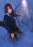  1girl absurdres ak-47 assault_rifle belt black_hair blue_eyes dreadtie fog gun handgun highres holding holding_gun holding_weapon lamppost long_hair looking_at_viewer necktie original pantyhose pistol rifle school_uniform snowing solo trigger_discipline weapon 