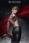  1boy amputee belt blonde_hair braid chains cloak copyright_name denim edward_elric from_side fullmetal_alchemist highres in-hyuk_lee jeans male_focus mechanical_arm muscle pants red_eyes shadow shirtless signature single_braid solo veins watermark web_address 