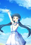  1girl :d absurdres arm_up artist_name bangs bare_arms basa_rutan blue_hair blue_sky breasts brown_eyes choker clouds dated day dress eyebrows_visible_through_hair flower hair_flower hair_ornament happy_birthday highres holding holding_microphone idolmaster idolmaster_million_live! kitakami_reika long_hair looking_at_viewer low_twintails medium_breasts microphone music open_mouth outdoors singing sky sleeveless sleeveless_dress smile solo standing twintails white_dress wrist_cuffs 