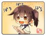  1girl artist_name blush brown_eyes brown_hair chibi clapping commentary_request japanese_clothes kaga_(kantai_collection) kantai_collection open_mouth side_ponytail smile sparkle sparkling_eyes taisa_(kari) tasuki 