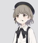  1girl bangs beret black_bow black_hat black_ribbon blush bow brown_eyes brown_hair cheek_squash collared_shirt commentary cursor eyebrows_visible_through_hair flower grey_background hat hatoba_tsugu hatoba_tsugu_(character) instant_(ioarthus) looking_to_the_side mole mole_under_eye open_mouth ribbon rose shirt simple_background solo suspenders upper_body virtual_youtuber white_flower white_rose white_shirt 