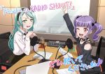  2girls ;d aqua_hair arm_up artist_request bang_dream! bangs black_bow black_collar black_neckwear black_shirt bow chair collar computer cup drinking_glass green_eyes hair_bow hairband hikawa_sayo holding holding_paper laptop long_sleeves microphone mixing_console multiple_girls official_art one_eye_closed open_mouth paper papers pen pop_filter print_shirt purple_hair radio_booth recording_studio red_eyes shirt shoulder_cutout sidelocks sitting smile studio_microphone sweatdrop table twintails udagawa_ako upper_body v-shaped_eyebrows white_shirt window 