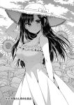  1girl :&gt; bare_arms bare_shoulders blush bow breasts cleavage comic day dress field flower flower_field from_side greyscale hat highres large_breasts long_hair looking_at_viewer monochrome original outdoors ribbon sky smile solo sun_hat sundress sunflower tsukudani_norio 