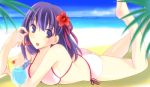  1girl ass back barefoot beach bikini cherry drink fate/stay_night fate_(series) flower fruit lemon looking_at_viewer matou_sakura purple_hair ribbon smami solo swimsuit towel violet_eyes 