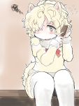  1girl alpaca_ears alpaca_suri_(kemono_friends) alpaca_tail alternate_hairstyle animal_ears blush commentary_request flying_sweatdrops fur_collar fur_trim hair_brush hair_brushing hair_over_one_eye highres kemono_friends long_sleeves messy_hair neck_ribbon nenkou-san pantyhose ribbon short_hair shorts sitting squiggle tail white_hair white_legwear 