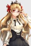  1girl alternate_costume bangs bespectacled blonde_hair commentary_request earrings ereshkigal_(fate/grand_order) fate/grand_order fate_(series) flugel_(kaleido_scope-710) glasses highres jewelry long_hair long_sleeves looking_at_viewer parted_bangs red_eyes red_ribbon ribbon smile solo tiara upper_body 