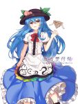 1girl :d binan_xian_lu black_hat blouse blue_hair blue_skirt bow bowtie breasts center_frills chinese_commentary commentary_request eyebrows_visible_through_hair feet_out_of_frame food fruit hair_between_eyes hat hinanawi_tenshi keystone leaf long_hair long_skirt looking_at_viewer open_mouth peach petticoat puffy_short_sleeves puffy_sleeves red_bow red_eyes red_neckwear rock rope shimenawa short_sleeves sidelocks simple_background skirt small_breasts smile solo standing touhou very_long_hair white_background white_blouse