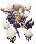  1girl absurdres barefoot blonde_hair briar_rose_(sinoalice) closed_eyes doll extra_arms eyebrows_visible_through_hair flower frills full_body habit hands_on_own_chest highres ji_no official_art puffy_sleeves rose sinoalice solo staff thorns white_background white_flower white_rose 