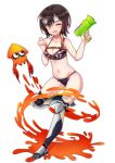  1girl android bikini black_bikini blush brown_hair camouflage camouflage_bikini commentary eyewear_on_head glasses hair_between_eyes highres ink midriff navel open_mouth roboco-san roboco_ch. robotic_legs satobitob short_hair smile splatoon squid swimsuit virtual_youtuber yellow_eyes 